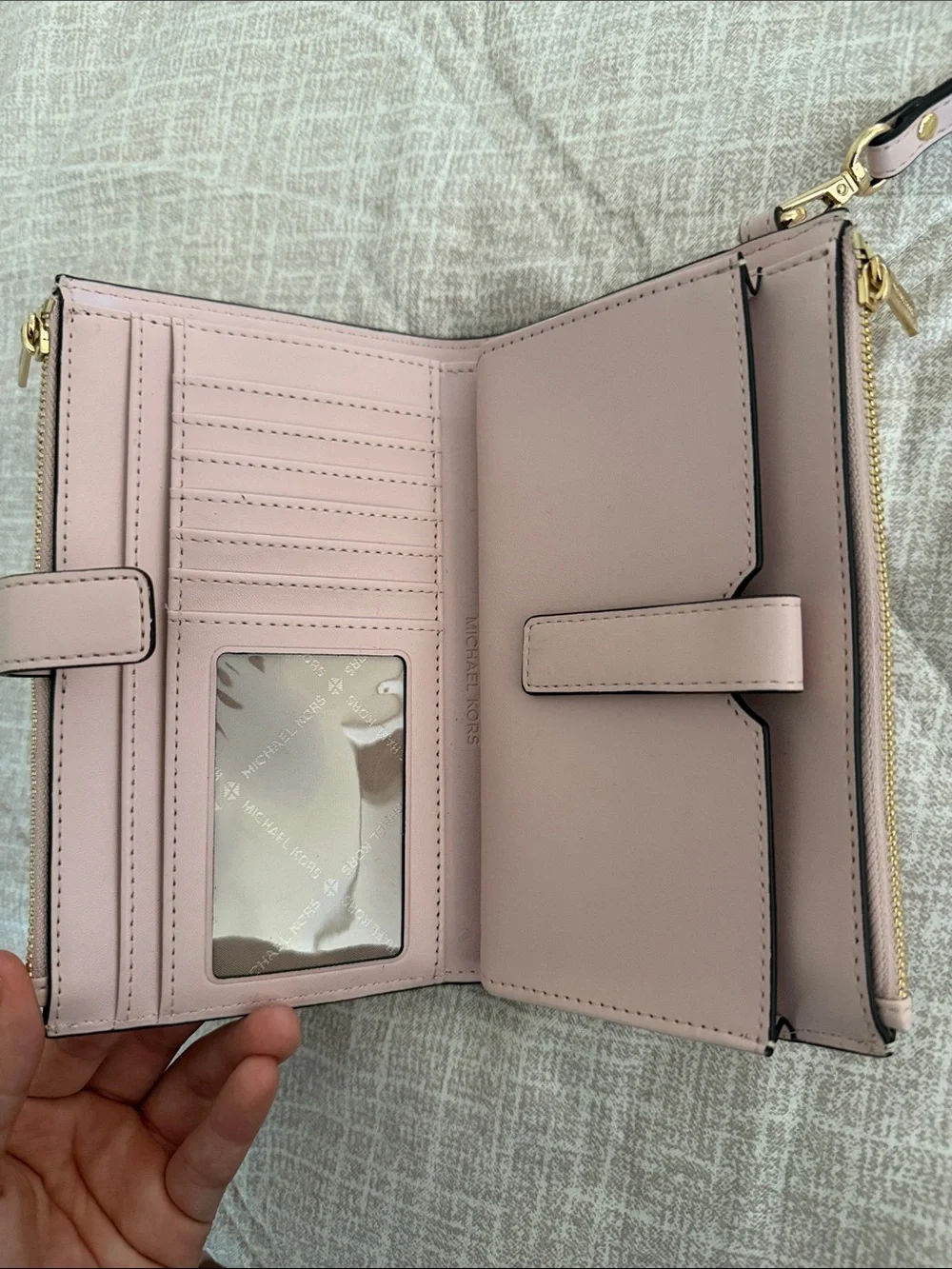 Michael Kors Light Gray Signature Logo Wristlet with Gold Hardware